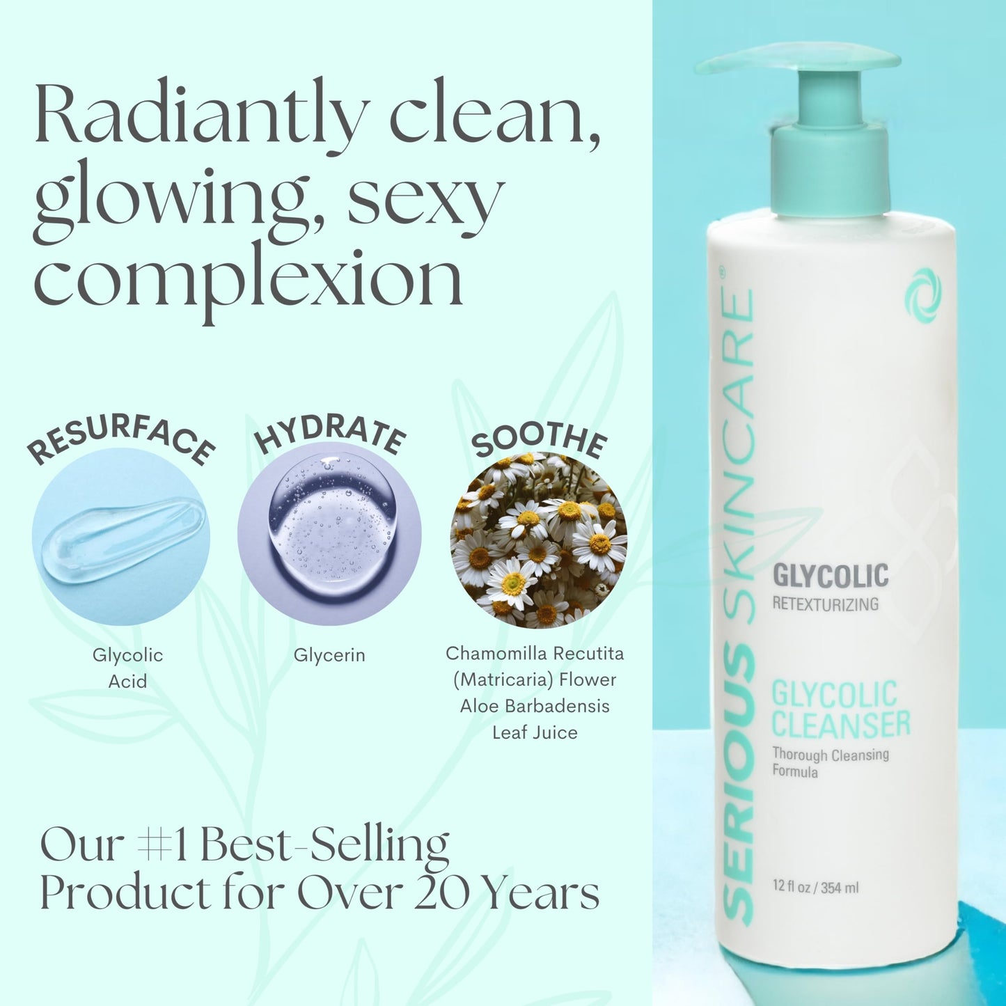 Serious Skincare Glycolic Cleanser, Skin Exfoliating AHA Face Wash + Ultrasonic Facial Brush Tool, 10% Glycolic Acid, Congested Pore Purifying, Removes Makeup, Oil, Blackheads & Impurities 12 oz