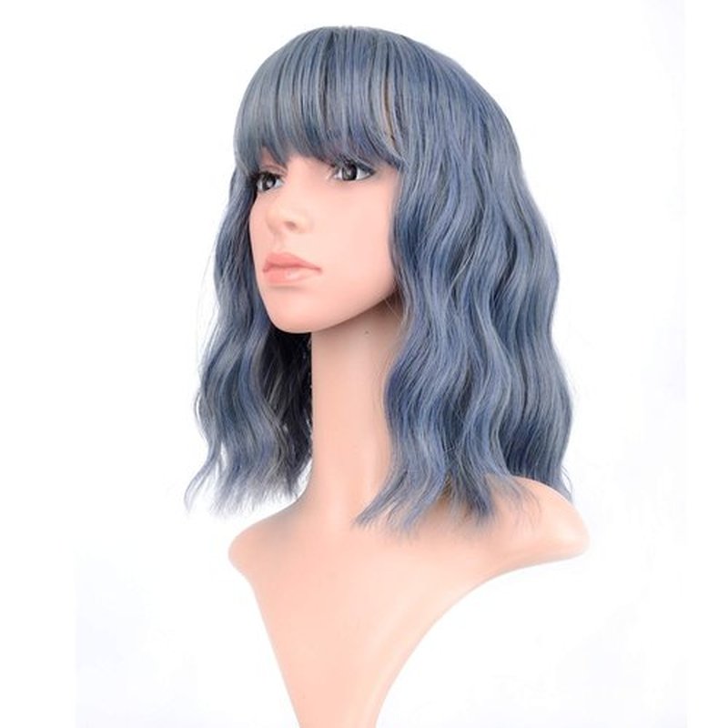 VCKOVCKO Wavy Wig Short Bob Wigs With Air Bangs Shoulder Length Women's Short Wig Curly Wavy Synthetic Cosplay Wig Pastel Bob Wig for Girl Colorful Costume Wigs(12", Mix Blue)