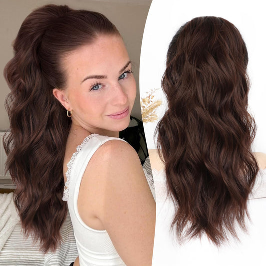 ALXNAN Ponytail Extension,16 Inch Claw Ponytail Hair Extensions for Women，Claw Clip in Long Wavy Synthetic Chestnut Brown Ponytail Extension for Daily Use.