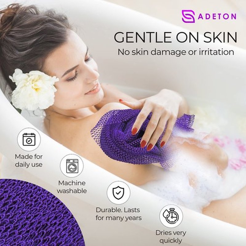 Adeton African Net Cloth, Long Net Sponge, Exfoliating Body Scrubber, Body Exfoliator, 17 Colors, Sapo, Shower Bath Accessories, Back Foot Scalp Scrub, Flat Dead Skin Remover, Body Wash (Purple)