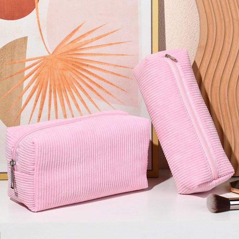SOIDRAM Makeup Bag Corduroy Cosmetic Bag Cute Pink Makeup Pouch 1Pcs Large Capacity Makeup Bags and 1Pcs Makeup Brushes Storage Bag Travel Toiletry Bag Organizer