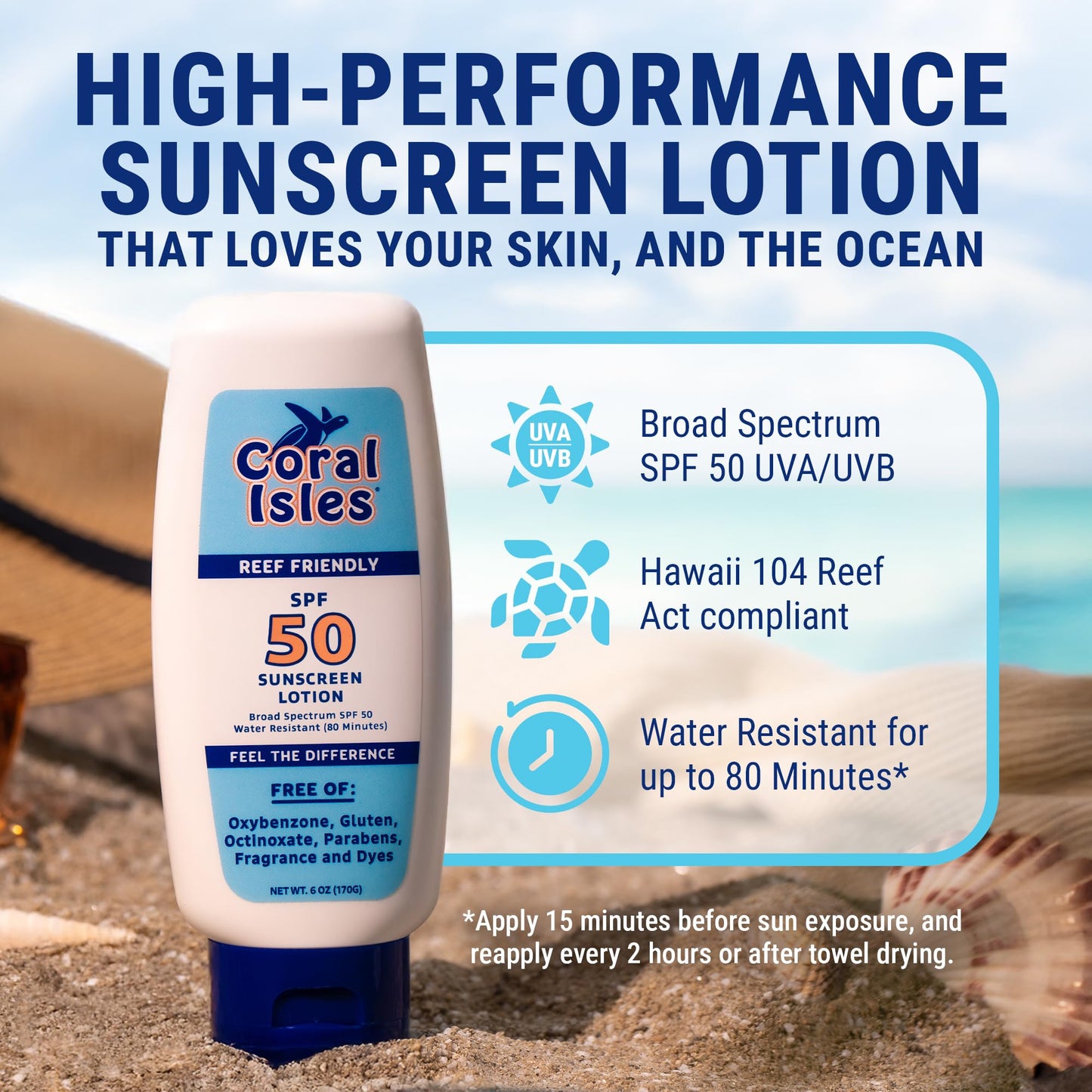 Coral Isles Sunscreen SPF 50 | Hawaii Reef Act Compliant | Octinoxate & Oxybenzone Free | Broad Spectrum UVA/UVB Protection | Water Resistant 80 Min. | Fragrance Free | 6 Fl Oz Lotion