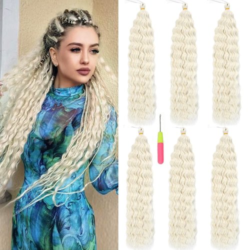 MAYSA Blonde Ocean Wave Crochet Hair 22inch Curly Braiding Crochet 6packs Synthetic Wavy Crochet Hair Extensions for Women # Platinum Blonde