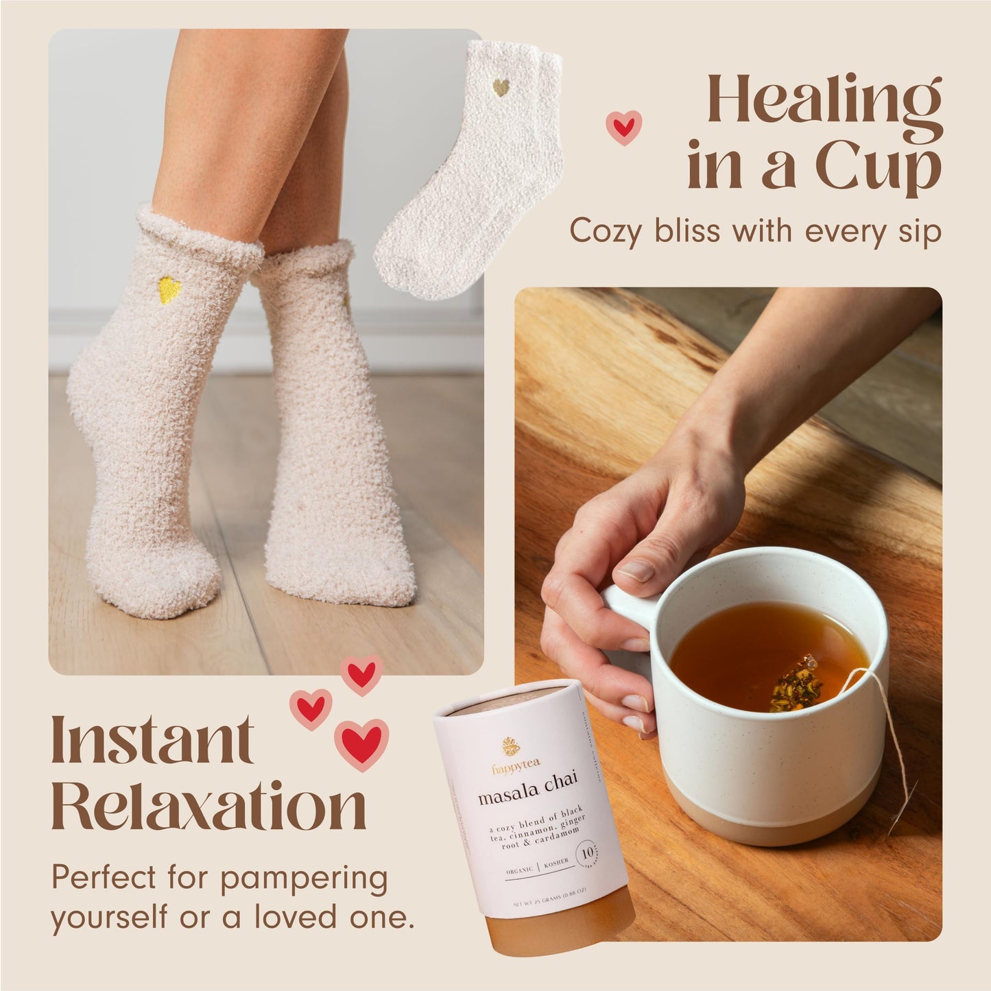 UnboxMe Tea Gift Basket for Women - Valentines Self Care Box with Cozy Socks, Mug, Chai Tea, Honey & Cinnamon, Relaxation Care Package