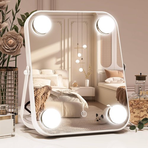 ROLOVE Vanity Mirror with Lights, Hollywood Makeup Mirror with Light, Lighted Tabletop Makeup Mirror with 4 Dimmable LED Bulbs, Portable Travel Makeup Mirror with U-Shaped Bracket, Smart Touch Control