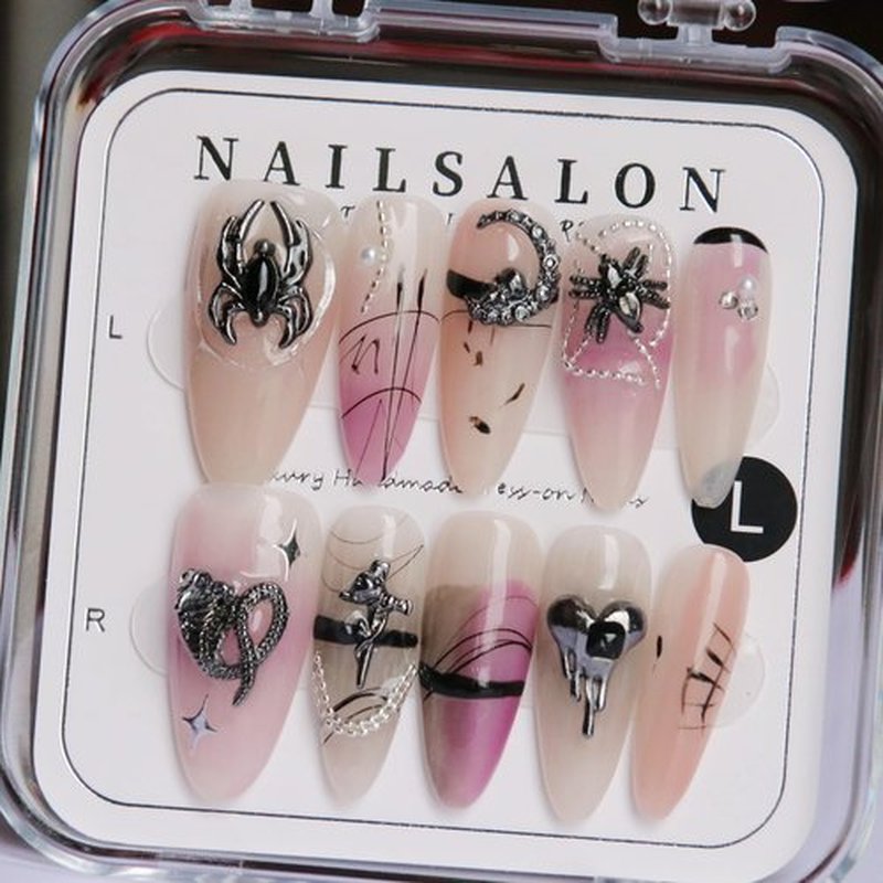 CAMILCY Handmade Nails Press on Almond Armor Long Pointed Purple Spider Design Hand Painted Reusable Gel UV Finished Pre Shaped False Nails for Women 10pcs 3D Handmade Nails (A016 L)