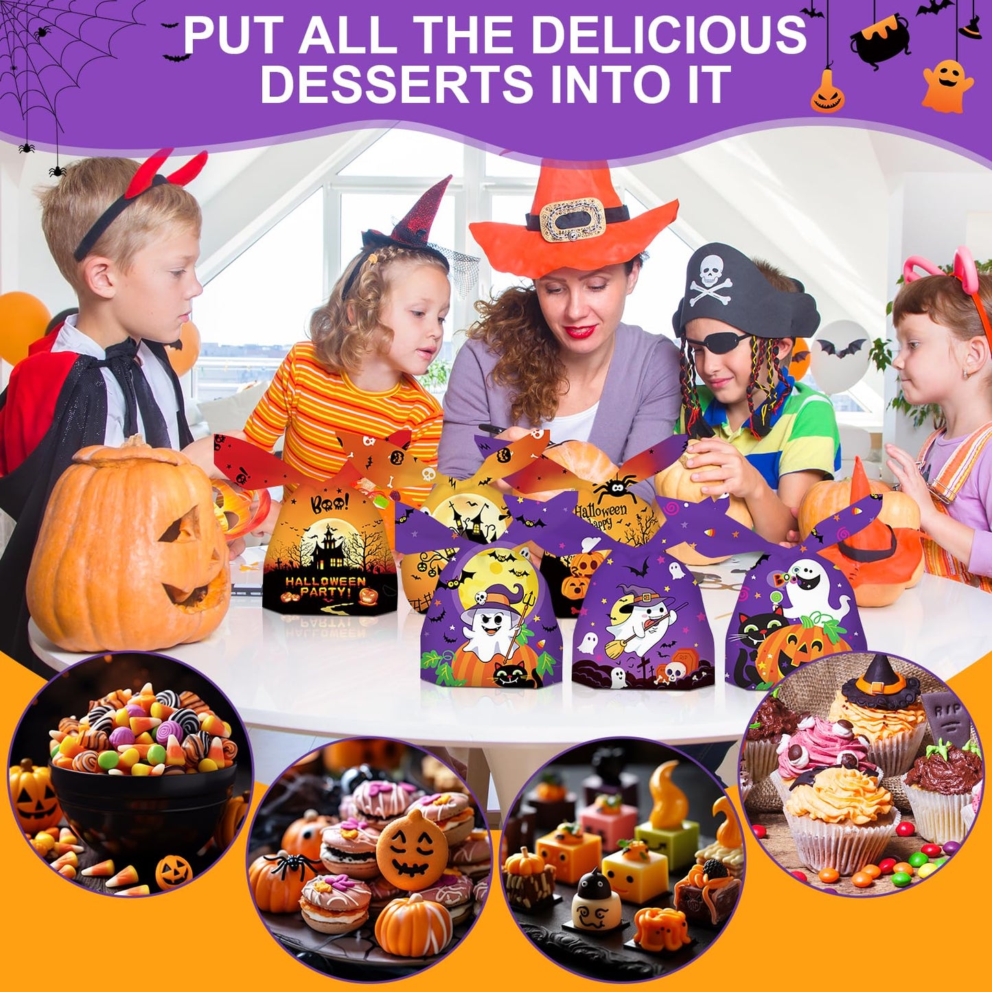 SAILYLENCEY]100-Pack Halloween Candy Bags, Halloween Treat Bags, 6 Patterns, 2 Colors (Purple/Orange) for Party Favors
