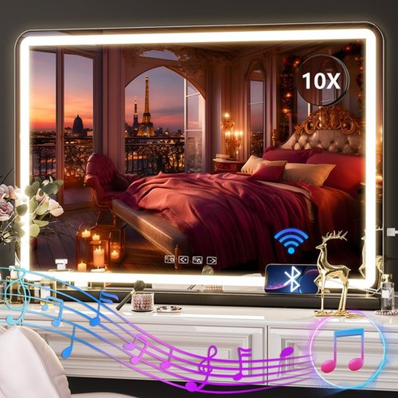 Hasipu Vanity Mirror with Lights and Bluetooth Speaker, 32" x 22" LED Makeup Mirror, Lighted Makeup Mirror with Dimmable 3 Modes, USB Charging Port, Round Black
