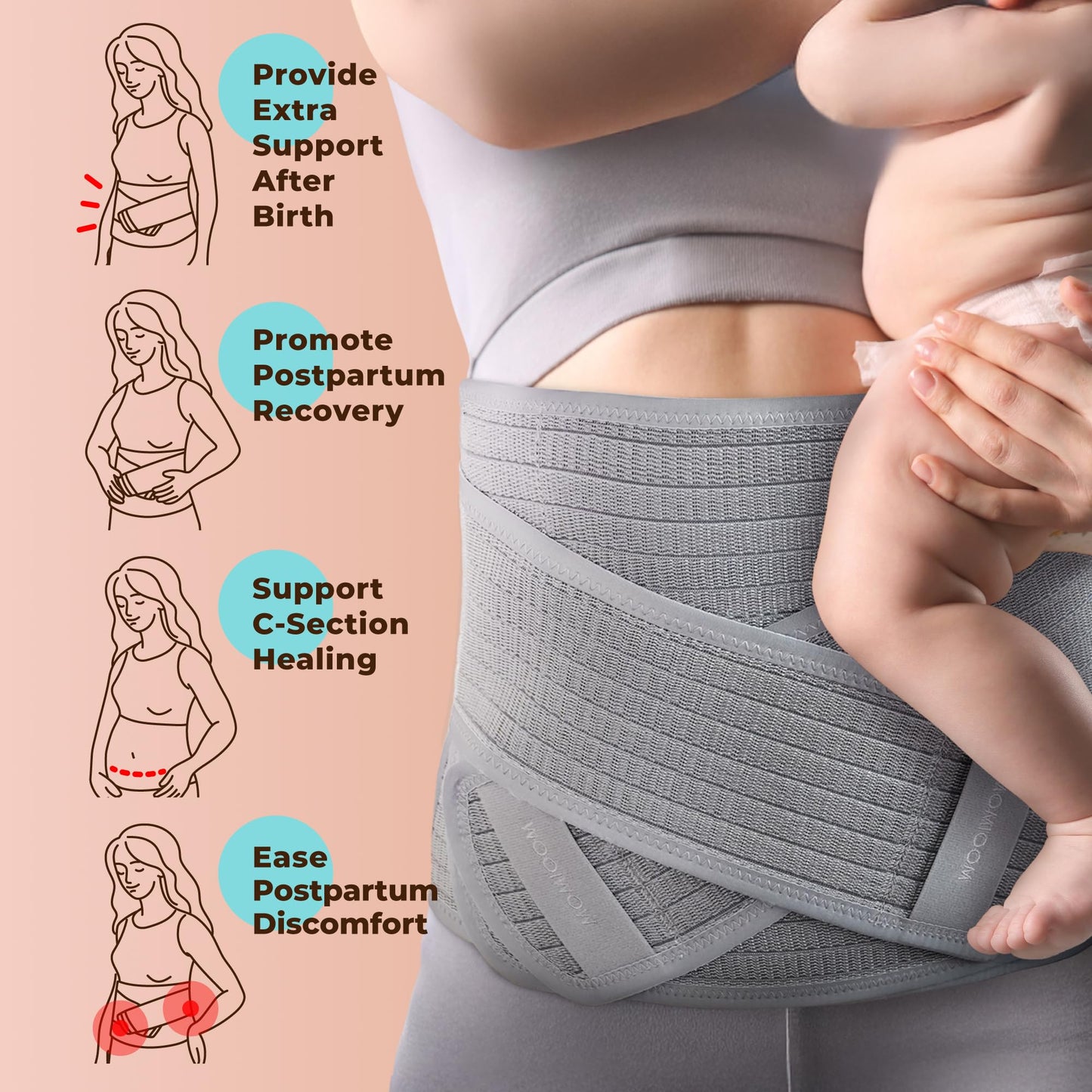MOOIMOM Coolweave Postpartum Belly Band for C-Section Recovery Belt, Breathable Maternity Abdominal Binder with Ergonomic Back Support, Adjustable Belly Wrap for Post Surgery Waist & Core Support