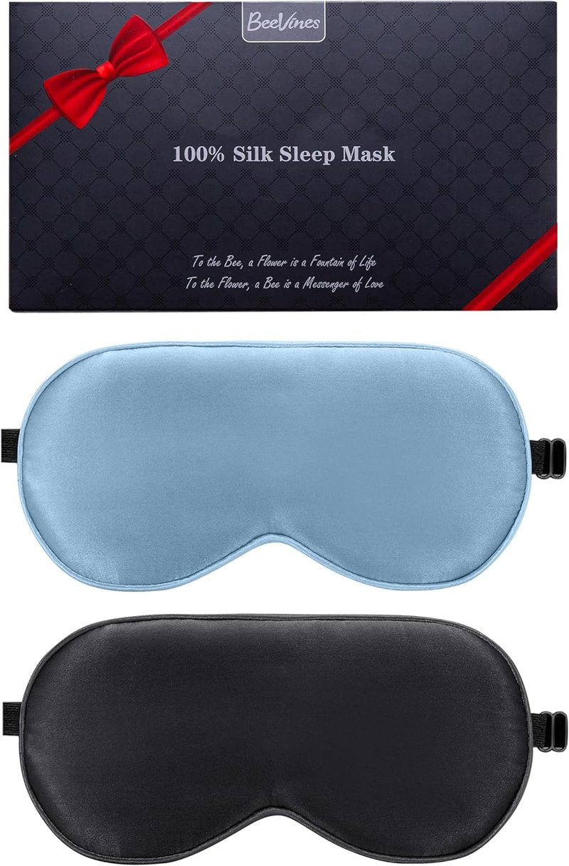 Real Mulberry Silk Sleep Masks - 2 Pack Adjustable Eye Masks | Block Light & Reduce Puffy Eyes (Black & Pastel Blue)