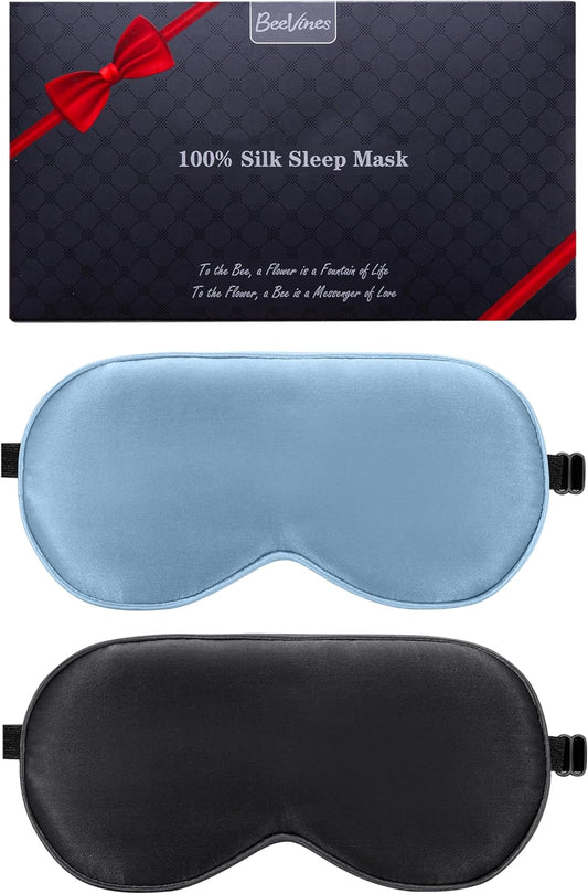 Real Mulberry Silk Sleep Masks - 2 Pack Adjustable Eye Masks | Block Light & Reduce Puffy Eyes (Black & Pastel Blue)
