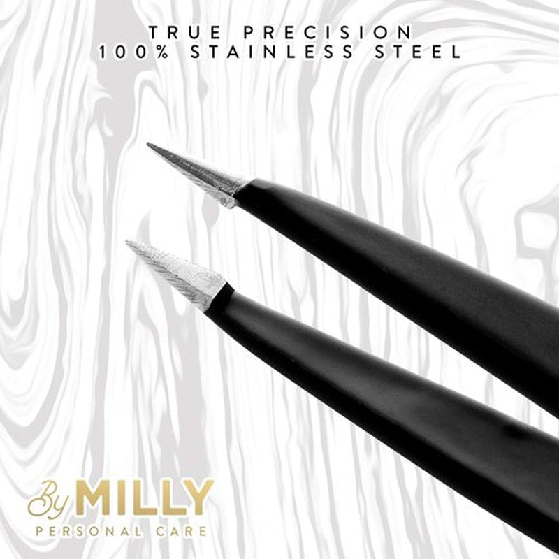 By MILLY Pointed Tweezers | High Carbon Stainless Steel Needle Nose Tweezers | Fine Point Tweezers Precision Hair Removal | Perfectly Aligned & Hand-Filed Sharp Tweezers | Black