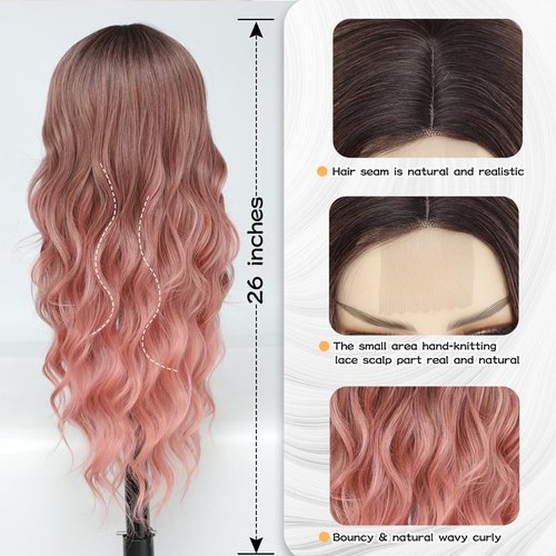 NAYOO Long Wavy Wigs for Women Middle Part Ombre Pink Wig with Dark Roots Synthetic Heat Resistant Fiber Women Wigs for Daily Party Use (Pink)