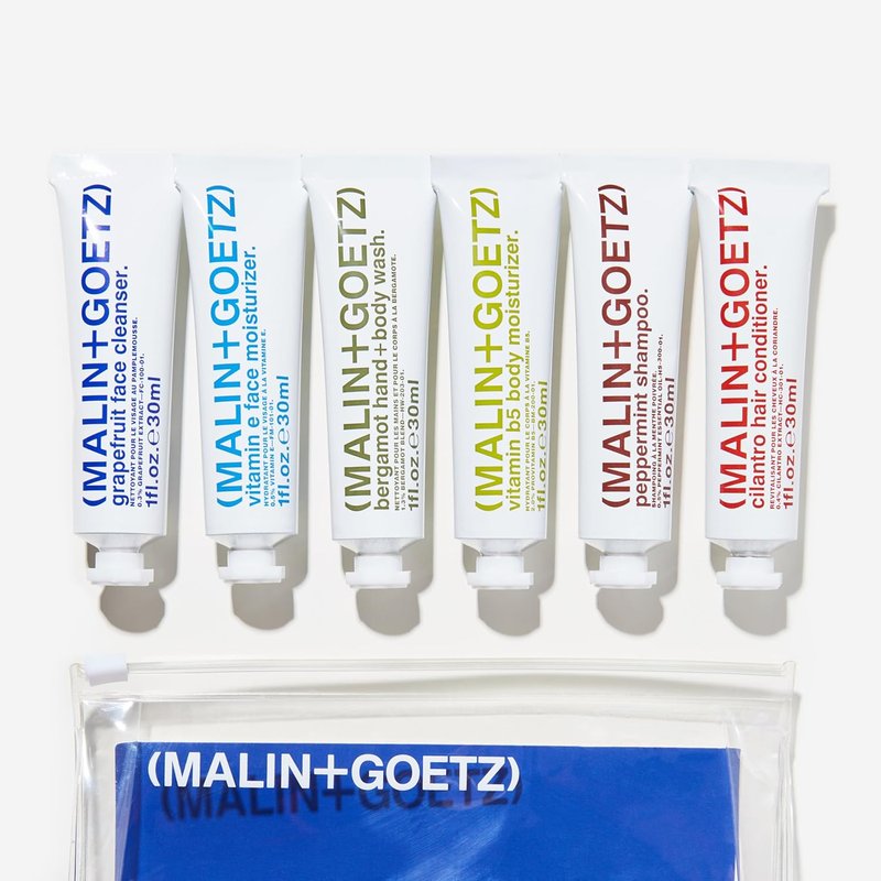 MALIN+GOETZ Travel Kit - Six Vegan Essentials for Face, Body & Hair | Grapefruit Cleanser, Vitamin E Moisturizer, Peppermint Shampoo | 6 x 1 oz