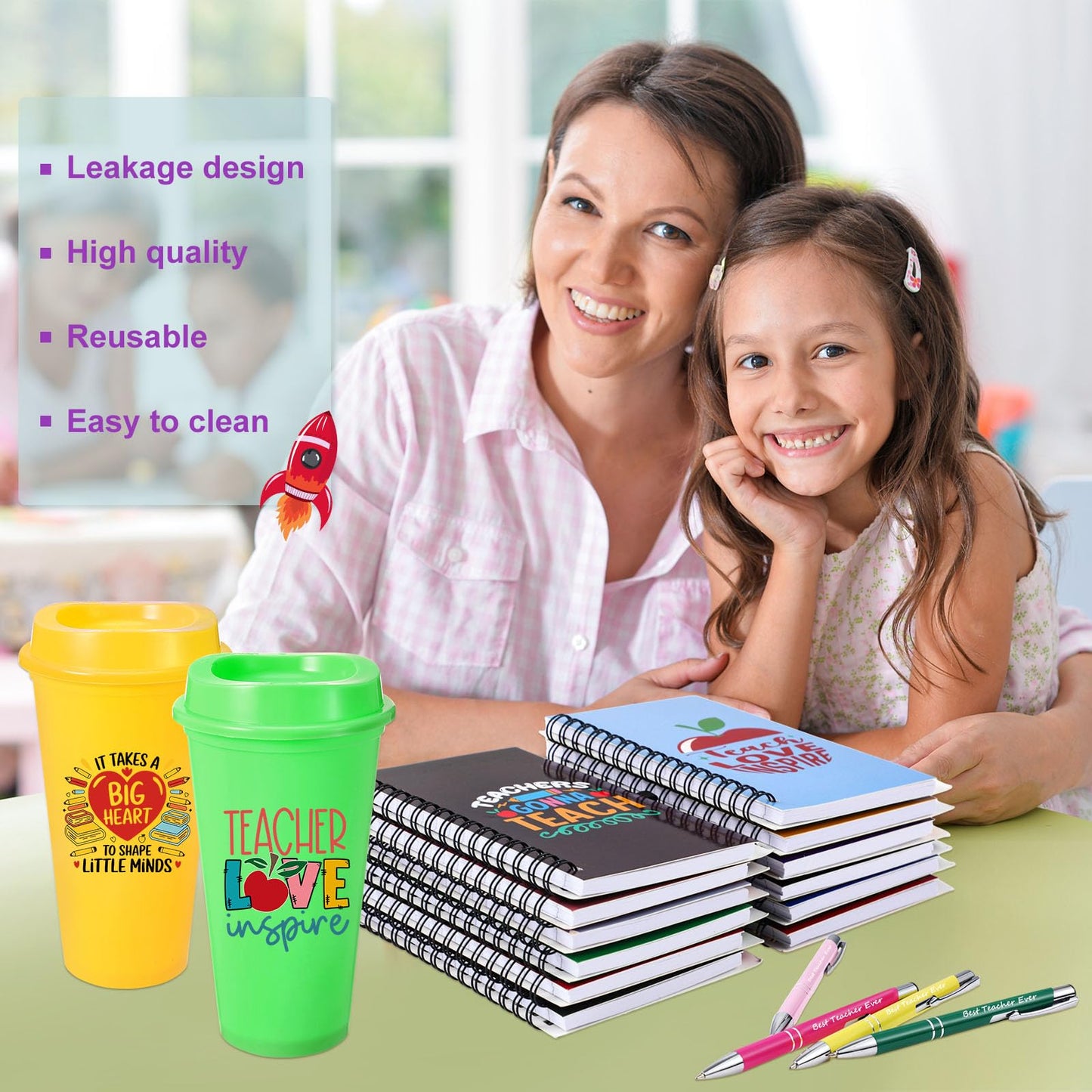 Skylety 36 Pcs Teacher Appreciation Gift Bulk, End of Year Thank You Gifts, 16 oz Reusable Plastic Coffee Cup with Lid, Inspirational Notebooks and Ballpoint Pens for Graduation Office(Teacher Life)