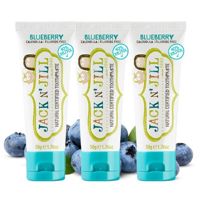 Jack N' Jill Natural Toddler Toothpaste for Baby, Kids and Infants 6 Months & Up, Fluoride Free Training Toothpaste for Toddlers 1-3, 40% Xylitol, BPA Free - Blueberry 1.76 oz (Pack of 3)