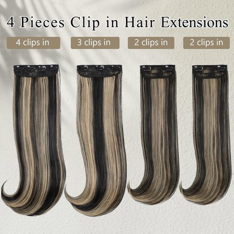 FREEMEIGE Black Mix Blonde Long Straight Hair Extensions Layered Hair Extensions Soft Synthetic Clip in Hair Extensions Hairpieces for Women(2/18)