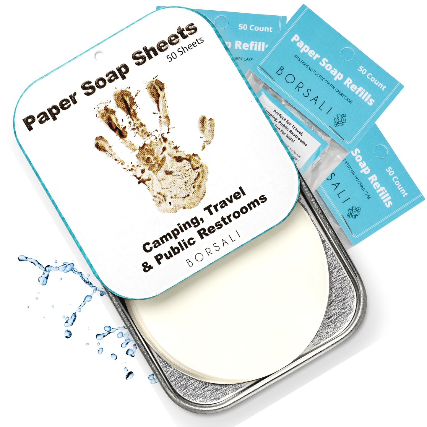 BORSALI Paper Soap Sheets - for Travel - Portable Dissolvable Dry Soap for Camping, Travel, Public Restrooms, 4 Cases with 50 Sheets Each & 4-50 Piece RefillsTo Go