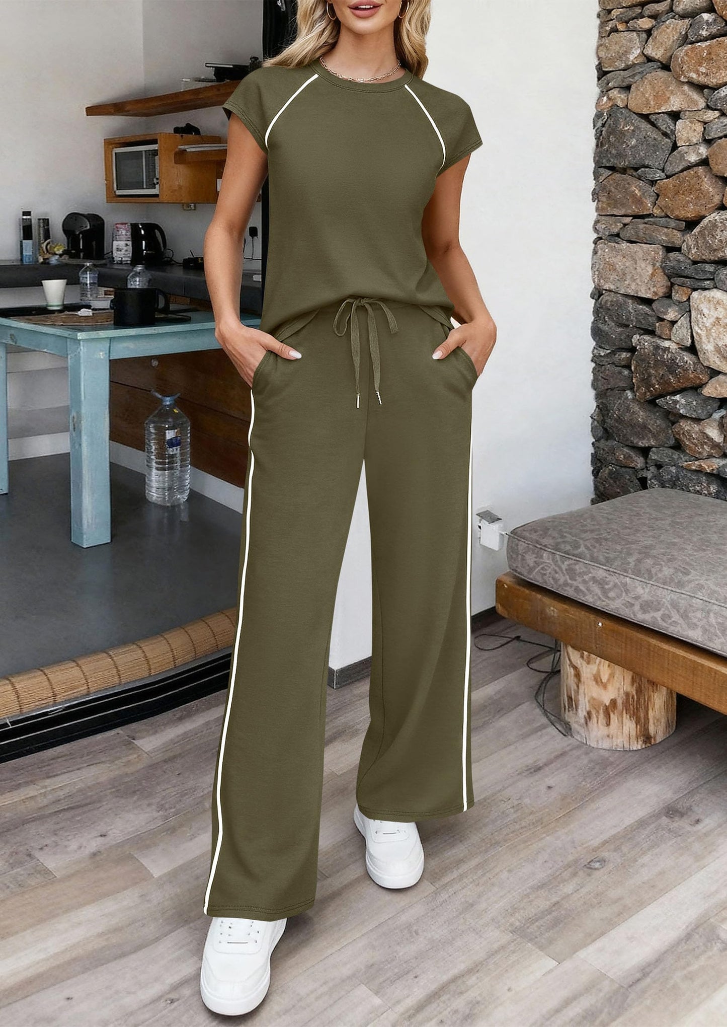 PRETTYGARDEN Two Piece Sets for Women 2026 Summer Vacation Outfits Cap Sleeve Tops Lounge Pants Matching Set Fashion Clothing