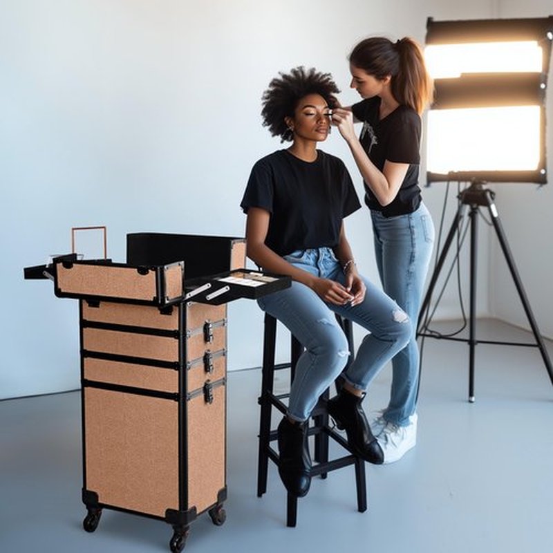 BYOOTIQUE Rolling Makeup Train Case 4in1 Cosmetic Trolley Organizer Travel Case Lockable Salon Barber Case with Wheels for Makeup Artist Trave Nail,Rococo Coral
