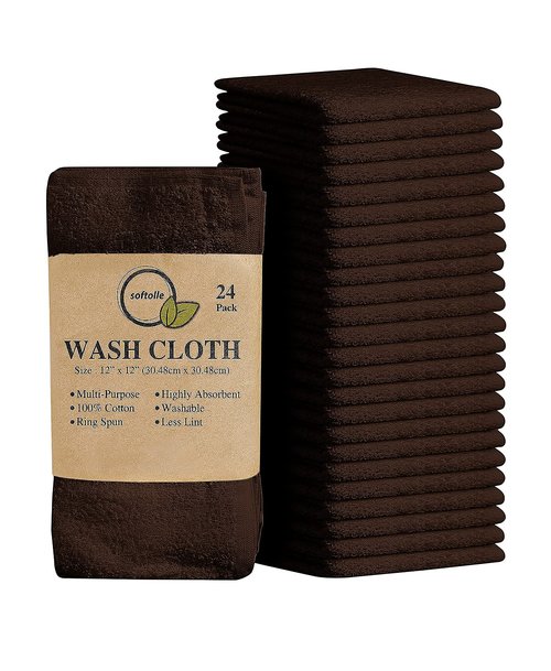 Softolle 100% Cotton Ring Spun Wash Cloths – Bulk Pack of Washcloths – 12x12 Inches – Wash Cloth for Face, Highly Absorbent, Soft and Face Towels (Brown, 24 Pack)