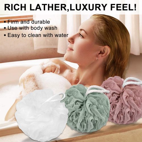 Loofah Charcoal Bath Shower Sponge Body Scrubber,75g Exfoliate Mesh Pouf Shower Bouquet,3 Pack Large Bath Sponge for Women and Men（White Pink Green）