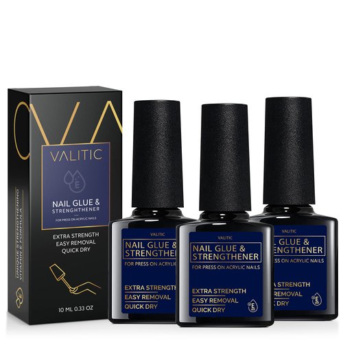 Valitic Nail Glue and Strengthener for Acrylic and Press On Nails - Quick Dry Brush On Nail Gel for Long Lasting Nails - Adhesive Nail Bond for False Nails - Nail Strengthener for Nail Tips - 3 PACK