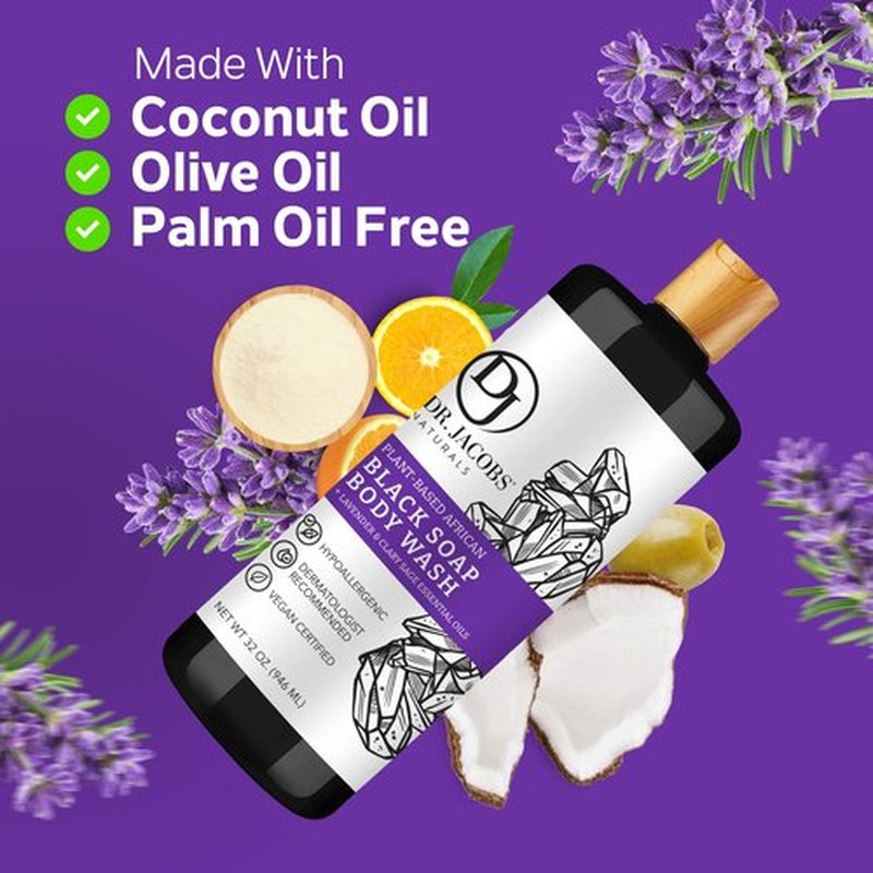 Dr Jacobs Naturals Authentic African Black Liquid Soap with Lavender & Sage Scent All-In-One Face Wash, Sensitive Skin Body Wash, Shampoo, Shaving Soap | Moisturizing and Nourishing Formula 32oz 1pk