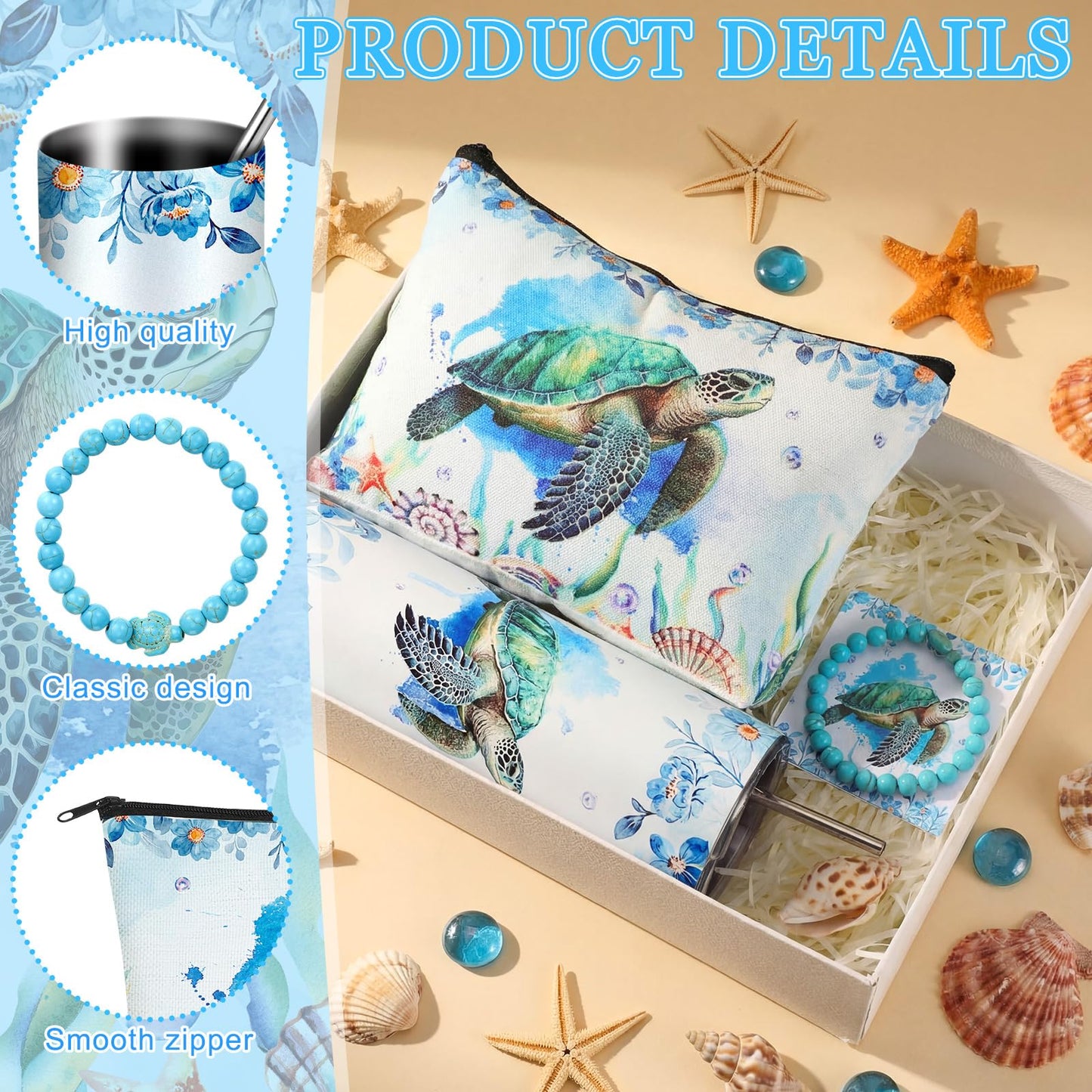 Skylety 3 Pcs Sea turtle Gift for Women Summer Sea turtle Theme Stuff 20 oz Stainless Steel Insulated Tumbler with Straw Brush Bracelet Makeup Bag Inspirational Gift for Teacher Mom Lover Birthday