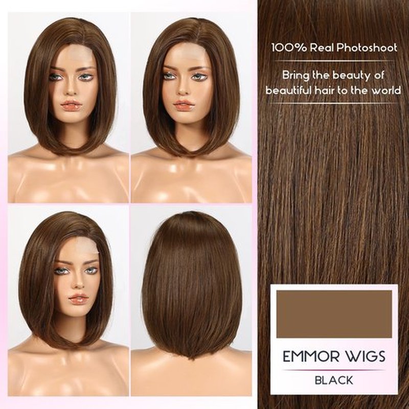 EMMOR Short Bob Wigs,Natural Shoulder Length Central Lace Bob Wgs, Premium Heat-Resistant Synthetic Straight Wigs for Women Daily Use(Brown)