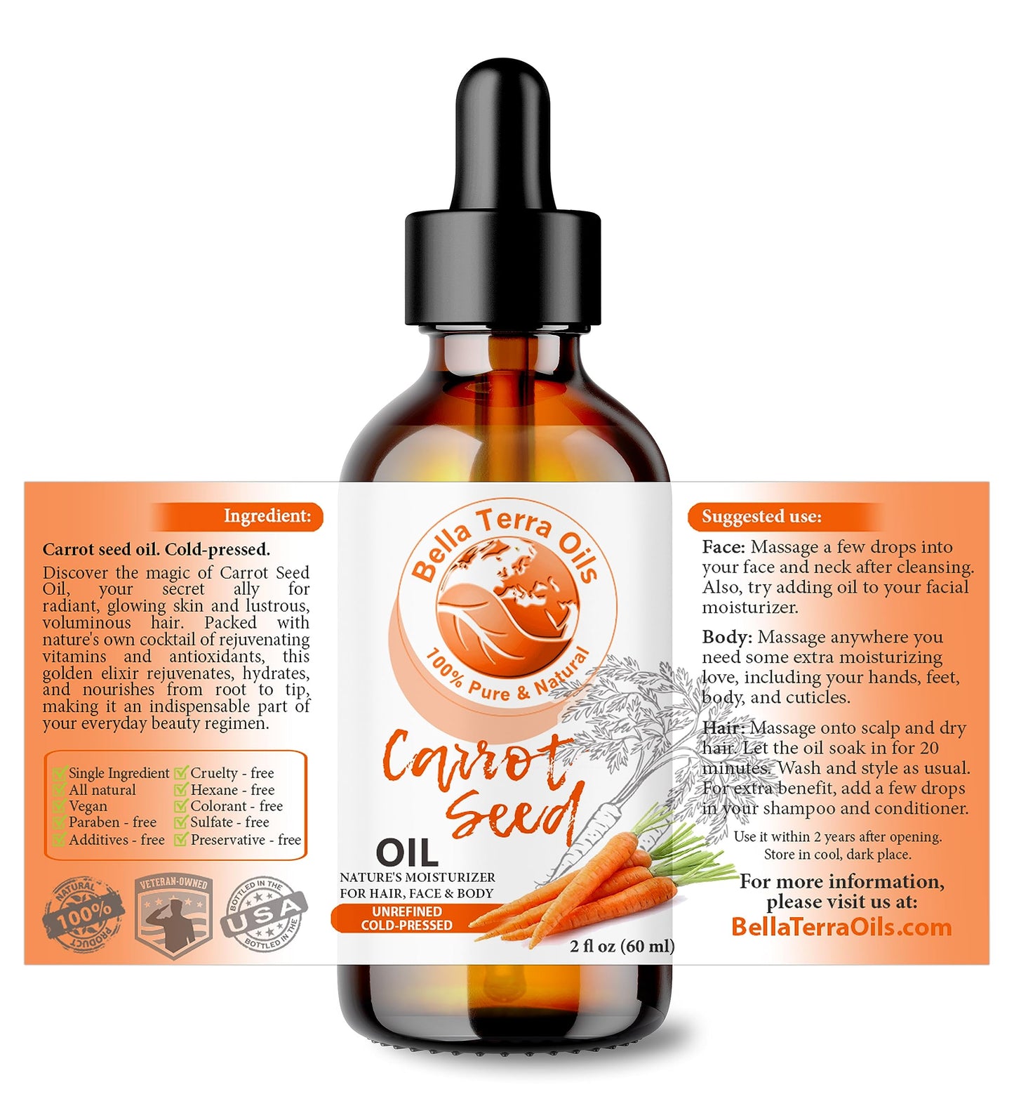 Bella Terra Oils - Natural Carrot Seed Oil 2oz - Enriched with Carotene & Essential Nutrients, Elevate Your Skin Care Regimen with This Luxurious Oil
