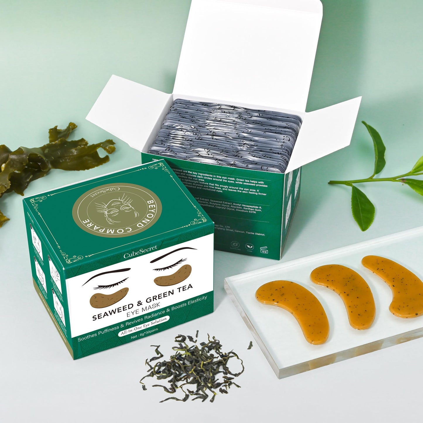 CubeSecret Under Eye Patches - 30 Pairs Green Tea Seaweed Eye Mask for Dark Circles - Puffy Eyes, Wrinkles, Undereye Bags - Soothing Hydrating Sensitive Skin Care Gifts for Teen Girls