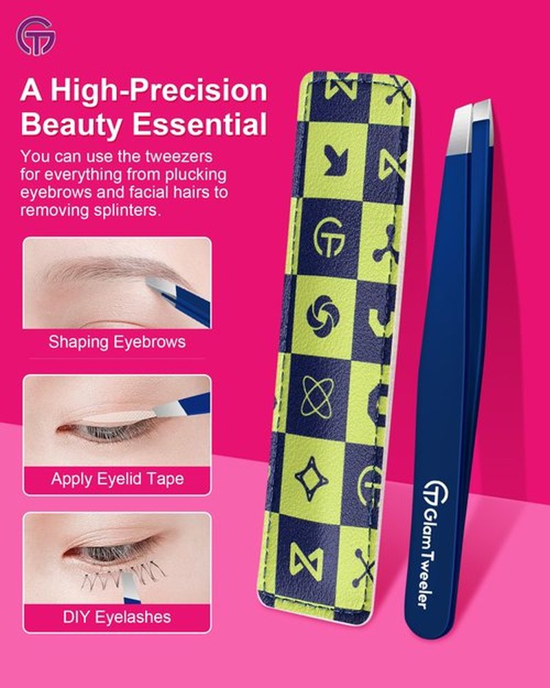 Expert Slant Tip Tweezers with Leather Travel Case, GlamTweeler Sharp & Precision Stainless Steel Tweezer for Eyebrows, Facial Hair and Fine Hairs Removal (Navy Blue)