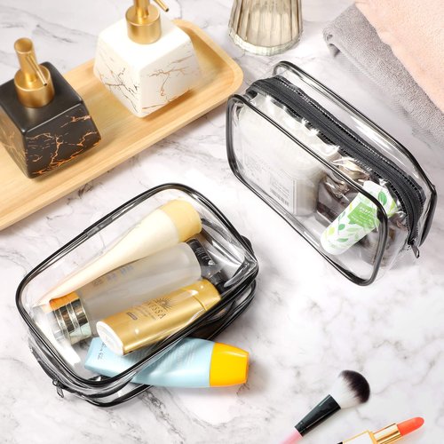 Weewooday 12 Pieces Clear Cosmetics Bag PVC Zippered Clear Toiletry Carry Pouch Cosmetic Makeup Bag Waterproof Makeup Bag Vinyl Plastic Organizer Case for Vacation Bathroom(Medium,Black)