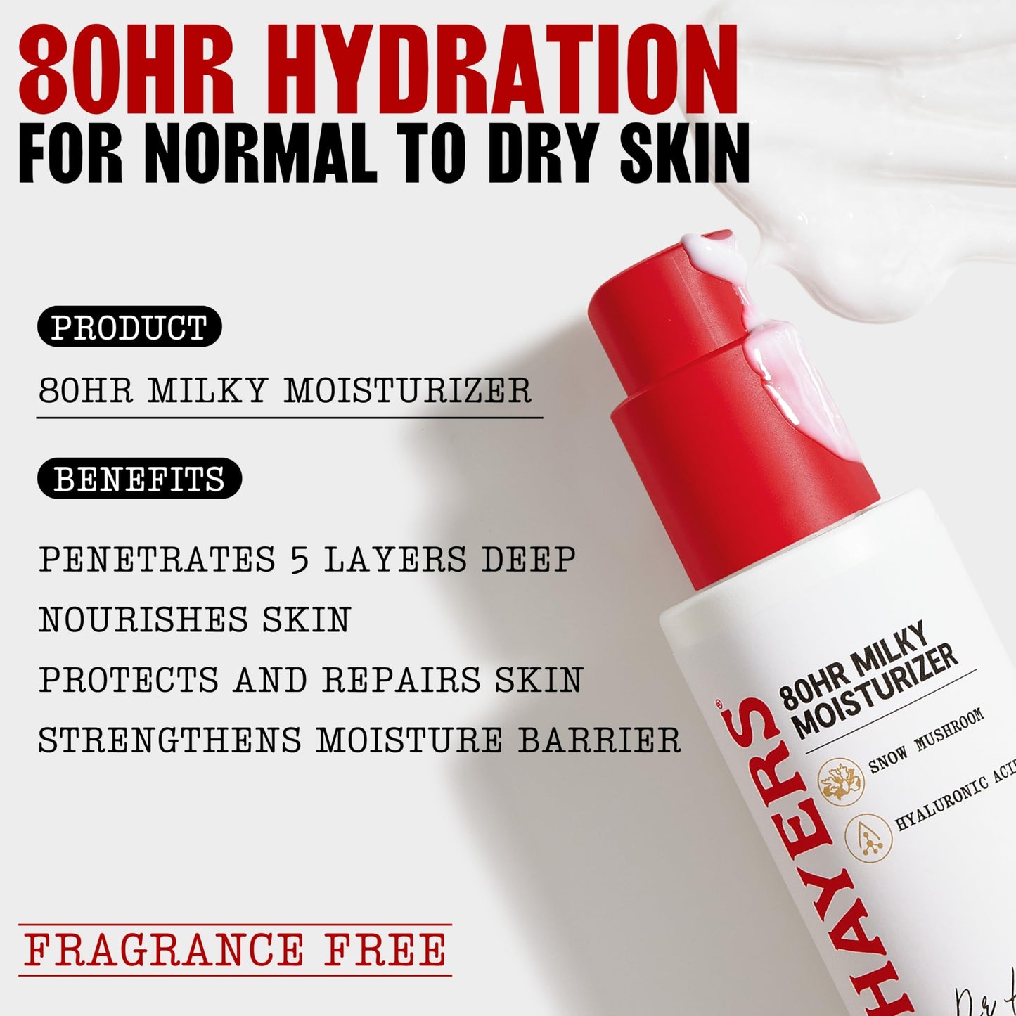 THAYERS 80HR Face Moisturizer, Face Cream with Hyaluronic Acid and Snow Mushroom, Milky Moisturizer, Lightweight Hydration for Normal to Dry Skin, Fragrance Free Skin Care, 2.5 Oz