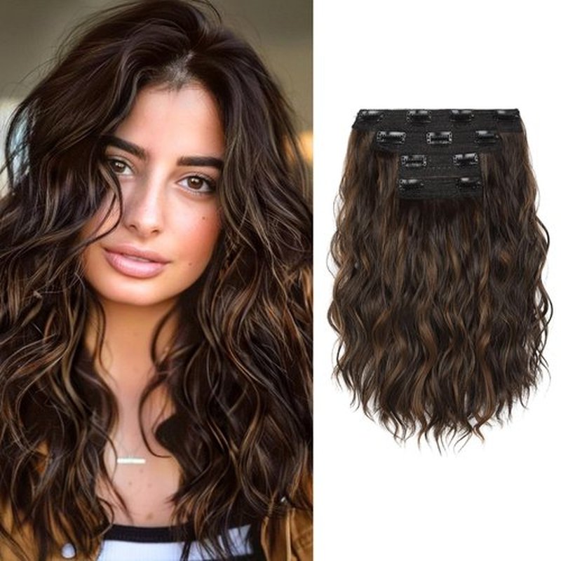 KUIRAN Hair Extensions, Clip in Hair Extensions 12" Short Wavy Hair Extensions 4PCS Hair Extensions Invisible Lace Weft Natural Soft Hairpieces for Women - Dark Brown with Light Auburn Highlights