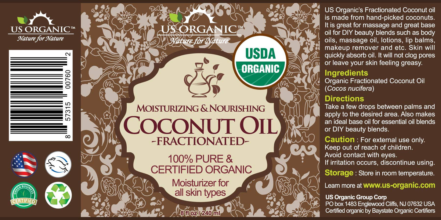 US Organic Fractionated Coconut MCT Oil (Liquid Coconut Oil), USDA Certified Organic, Non-GMO, Perfect for massage, carrier oil for DIY blends, Hair, Skin care. 100% Pure, Hexane-Free (8 oz)