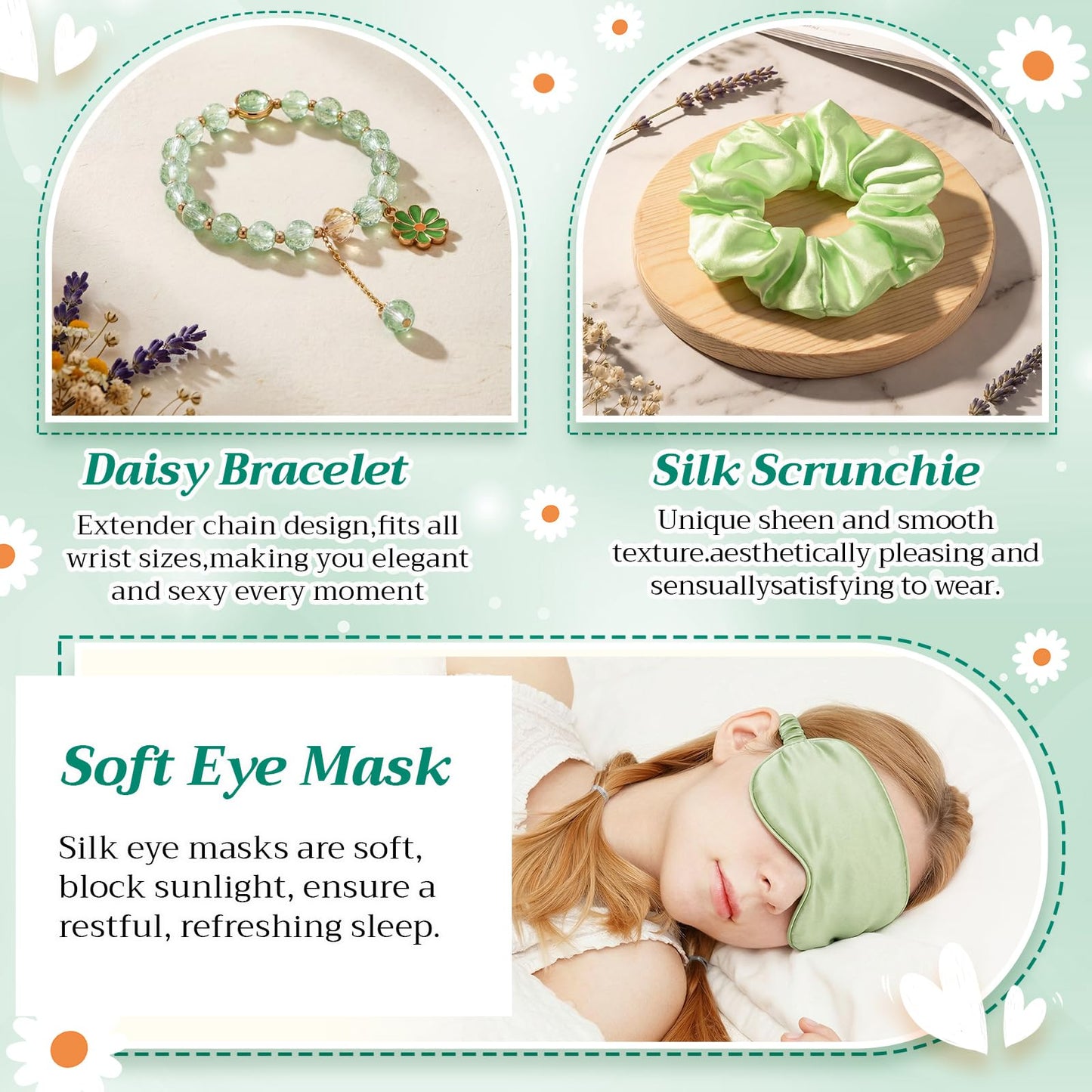 Vesici 42 Pcs Spa Sleepover Party Supplies Bulk for Women 6 Sets Slumber Bridesmaid Wedding Birthday Gifts Favor Glass Cup Eye Mas Hair Tie Hair Clip Bracelet Tote Bag Ribbon(Daisies,Sage Green)