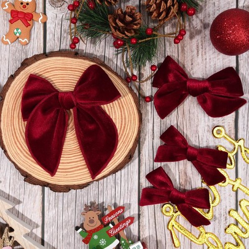 DEEKA 4 PCS Dark Red Velvet Hair Bows 3 Styles 5" & 4" Handmade Hair Bow set for Toddler Girls Alligator Hair Clips Knot Bows Hair Accessories for Little School Girls (Dark Red)