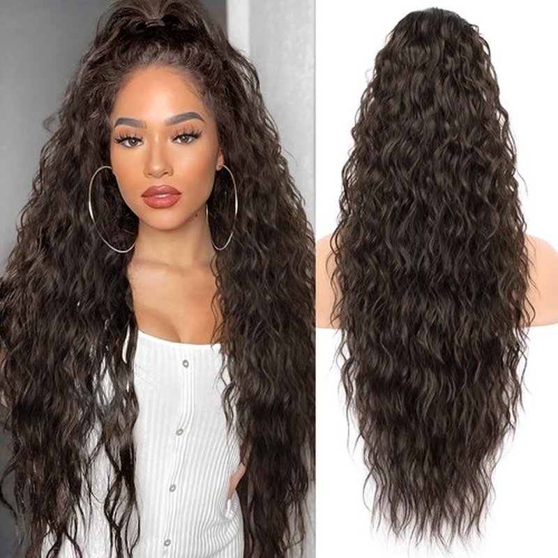 KooKaStyle Ponytail Extension 30 Inch Drawstring Pony Tails Hair Extensions for Women Long Curly Dark Brown Ponytail Synthetic Hairpieces for Daily Use