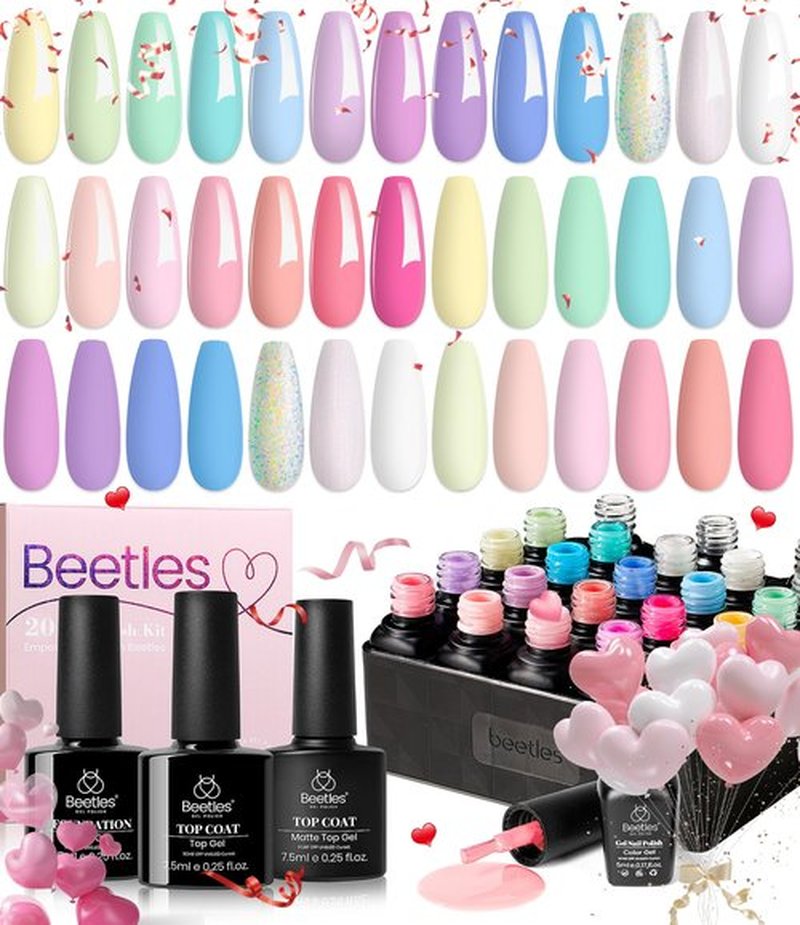 beetles Valentines Gel Polish Nail Set 20 Colors Summer Pastel Girly Sparkle Glitter Uv Gel Dreamy Town Collection Macaroon Bright Pastel Nail Manicure Kit with 3Pcs Base Top Coat Gift for Girls