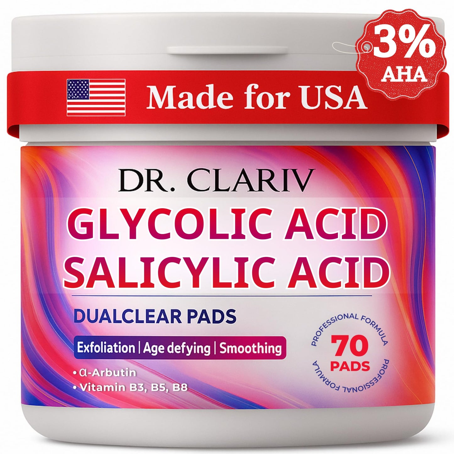 Glycolic Acid Pads with AHA BHA – Exfoliating for Face, 3% Glycolic & 0.5% Salicylic Acid, 7 cm Size, Supports Smooth Texture & Clear-Looking Pores, 70 Count