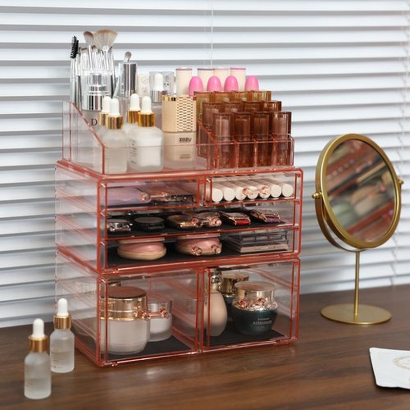 Cq acrylic Dorm Makeup Organizer With 6 Drawers,Stackable Plastic Makeup Organizer,Pink Drawer Storage Organizer Perfume for Dresser Vanity Tray, Large Baby Drawer Organizer for Nursery,3 Pack