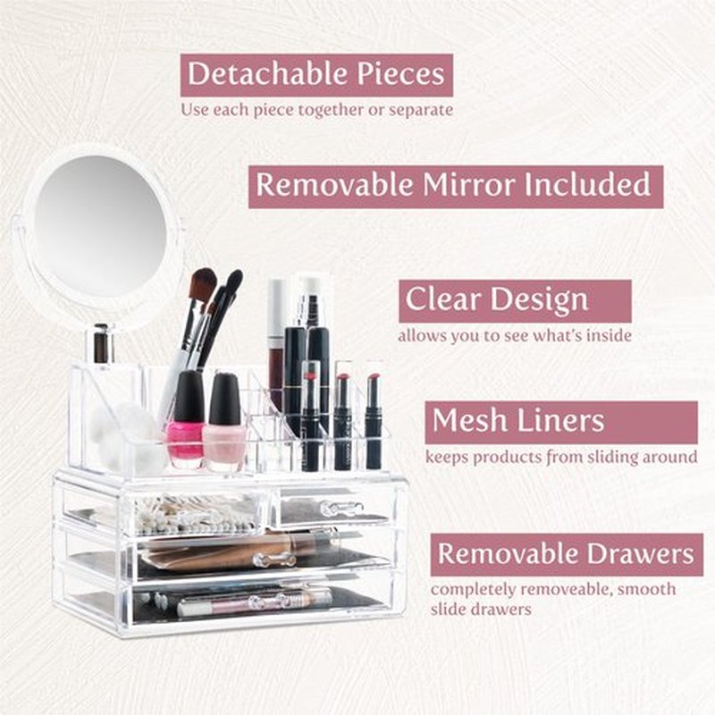 Masisrs Clear Makeup Organizer With Mirror - Cosmetic Storage Organizer - 16 Compartments - Easily Sort Make Up & Jewelry - 4 Drawer Vanity Organizer - Elegant Look - Clear Design - Makeup Holder