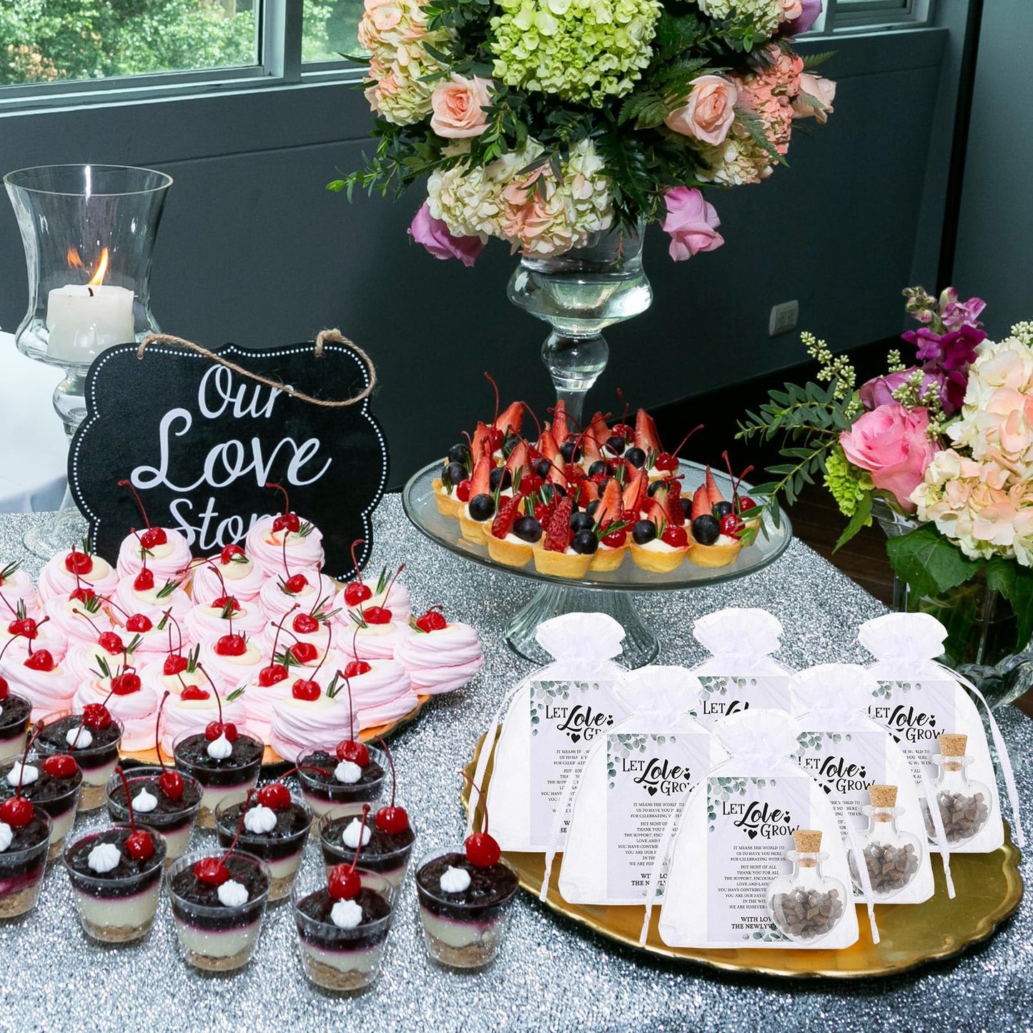 Jinei 300 Pcs Let Love Grow Wedding Favors for Guests includes 100 Small Glass Bottles with Cork Stopper 100 Wedding Thank You Cards and 100 Organza Bags, No Seeds(Heart Shape)