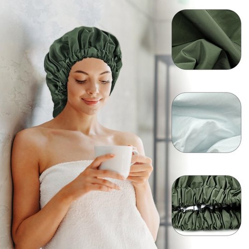 Reusable Shower Cap for Women, Large Waterproof Shower Bonnet Washable Elastic Band Bath Hair Hat for Long Hair, Braids(Green&Purple)