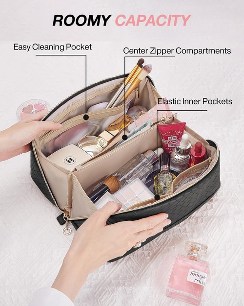 BAGSMART Makeup Bag Cosmetic Bag, Travel Makeup Bag, PU leather Makeup Bags for Women Portable Water-resistent Pouch Open Flat Make Up Organizer Bag for Toiletries, Brushes, Leather Black