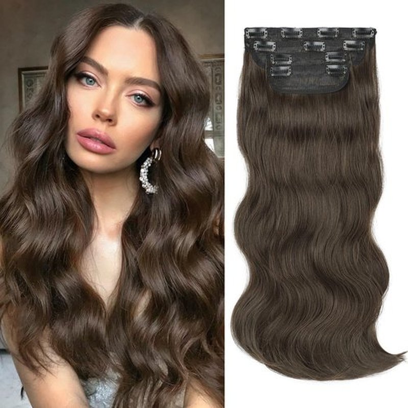 HANYUDIE Clip in Hair Extensions 20 Inch Brown Clip in Hair Extensions for Women 4 PCS Classic Synthetic Long Wavy Hair Extensions Clip ins 11 Clips 210g (Dark Brown)