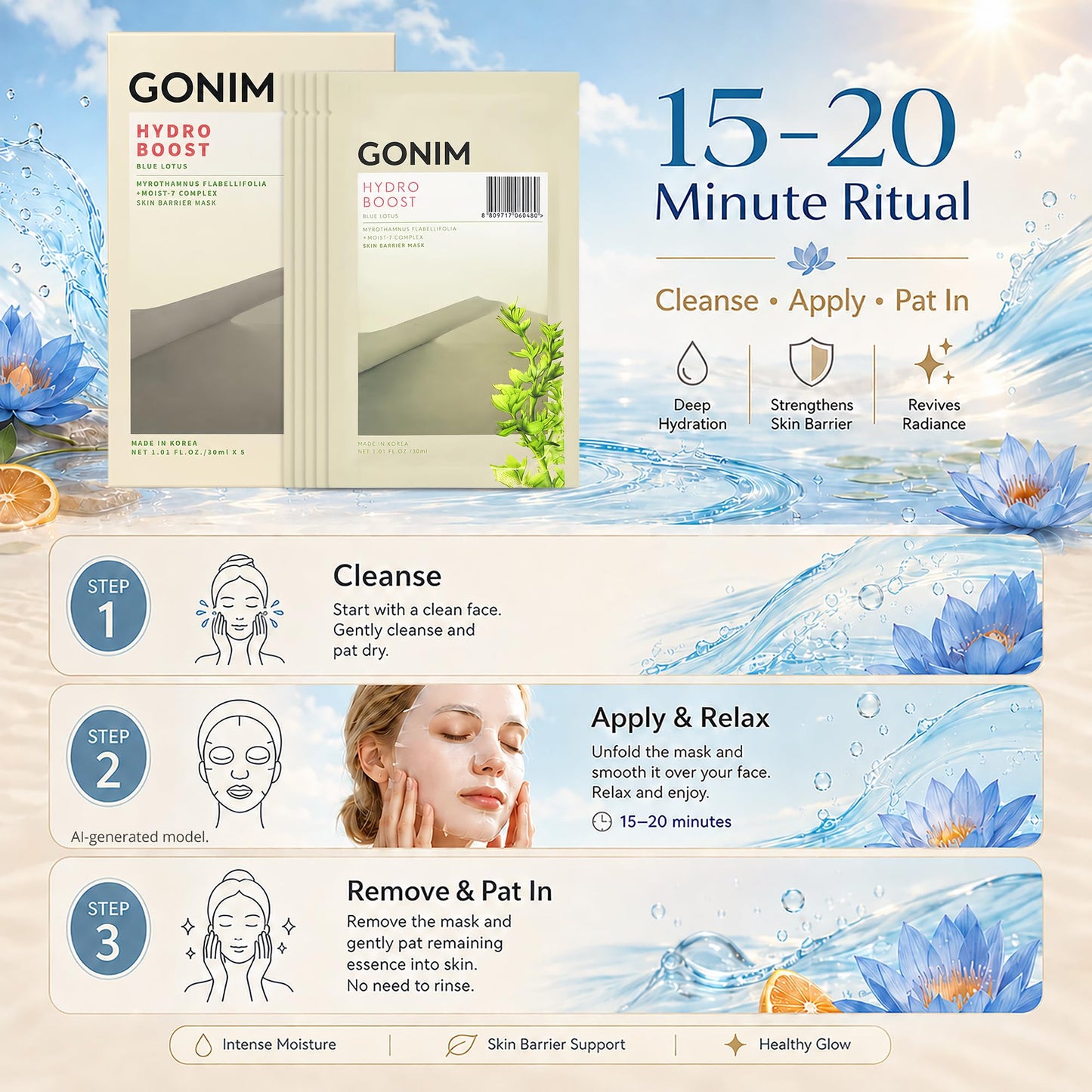 GONIM Korean Face Mask, Hydrating Sheet Mask with 7X Hyaluronic Acid