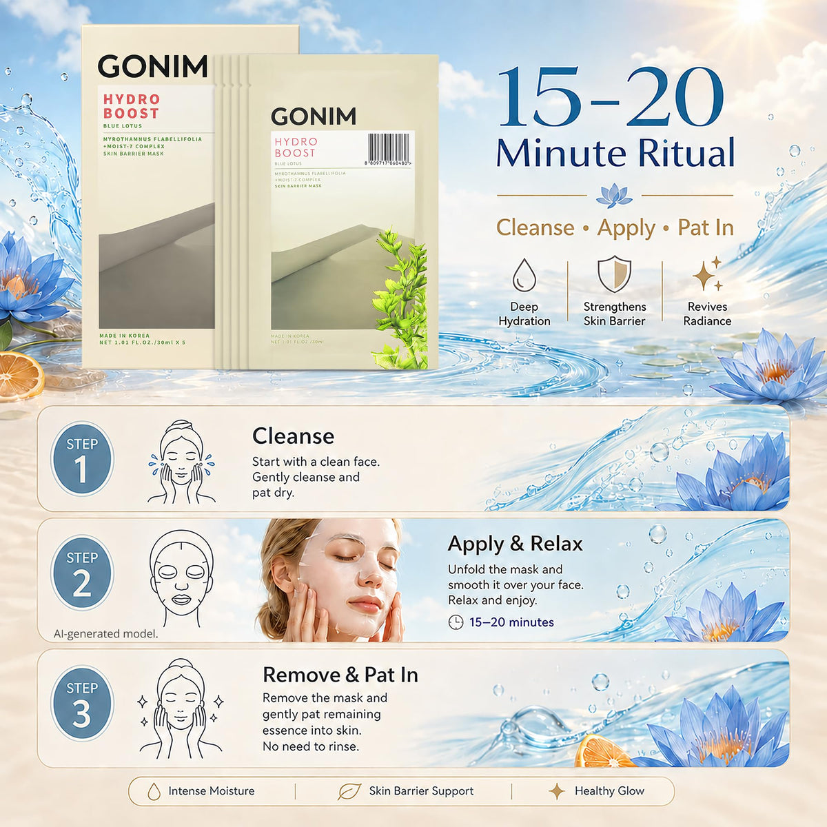 GONIM Korean Face Mask, Hydrating Face Mask with Hyaluronic Acid, Vitamin C